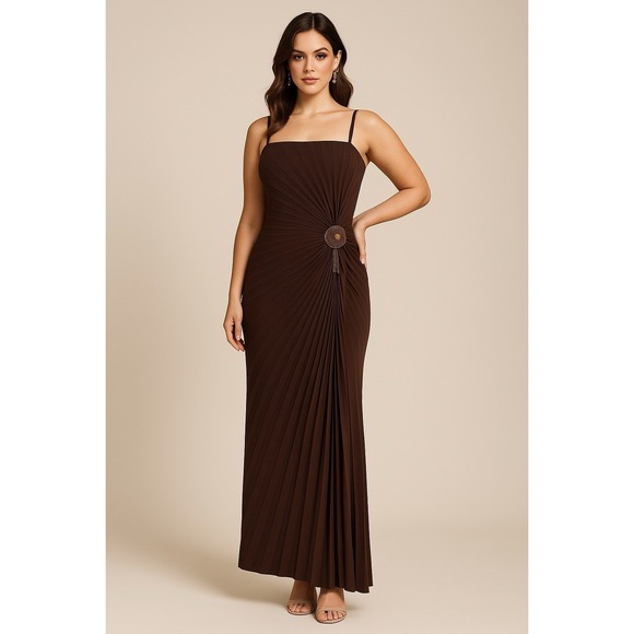 Vtg Joseph Ribkoff Brown Pleated Gown Sz 10 Beaded Structural Event Party Dress